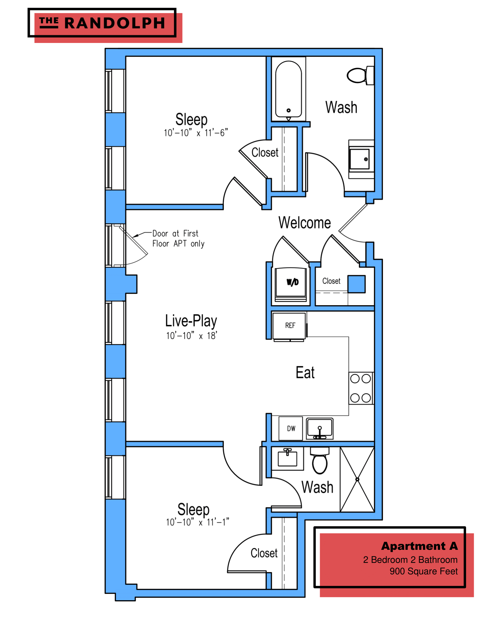 Floor plan for 2 beds, 2 baths, 900 sqft